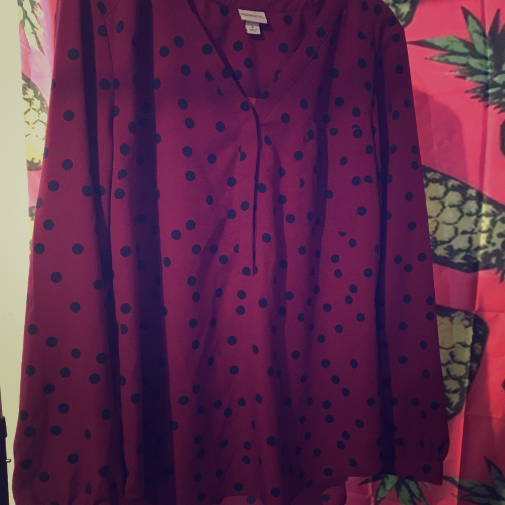 Merona Size L Blouse Maroon Navy Blue Buttons